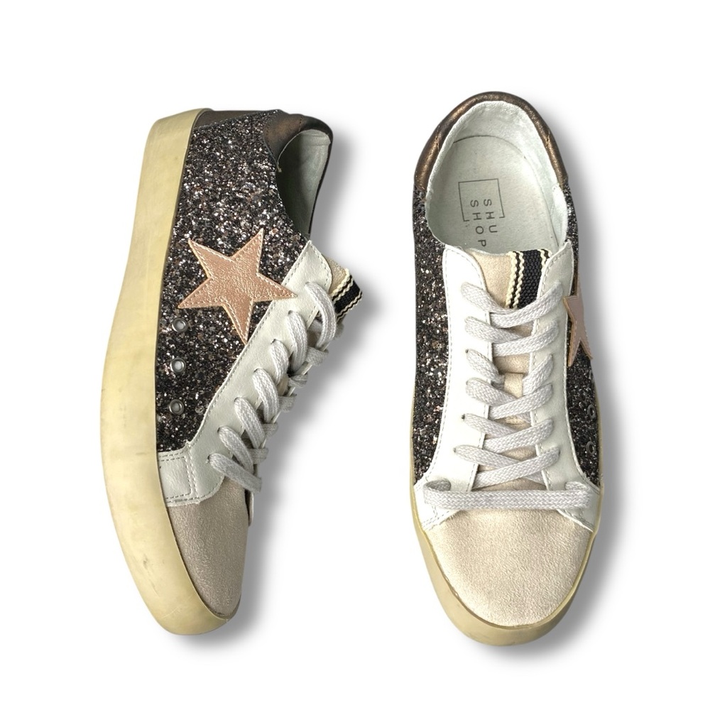 SHU SHOP PAMELA Gold Black Glitter Casual Star Sneakers Womens 8